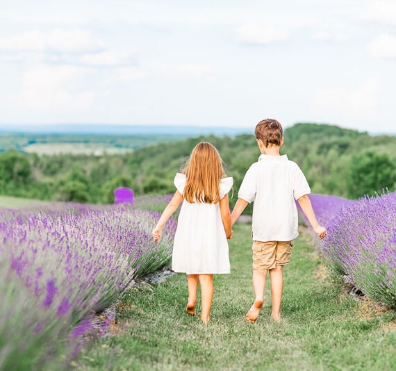 Children holding hands walking through lavender field.