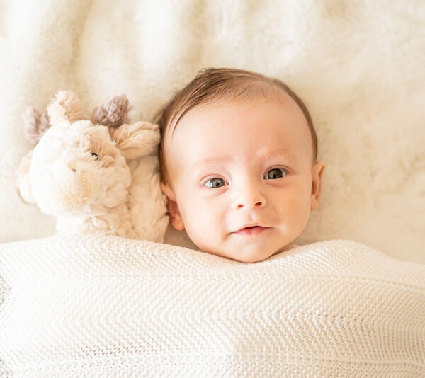 Newborn cuddled up with a stuffed animal under a blanket.